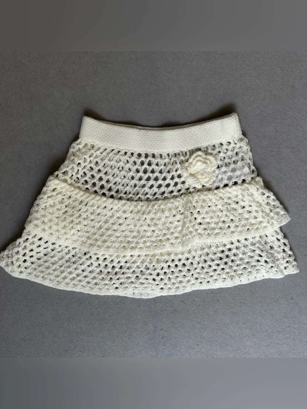 Cream Crochet Tiered Skirt with Floral Accent